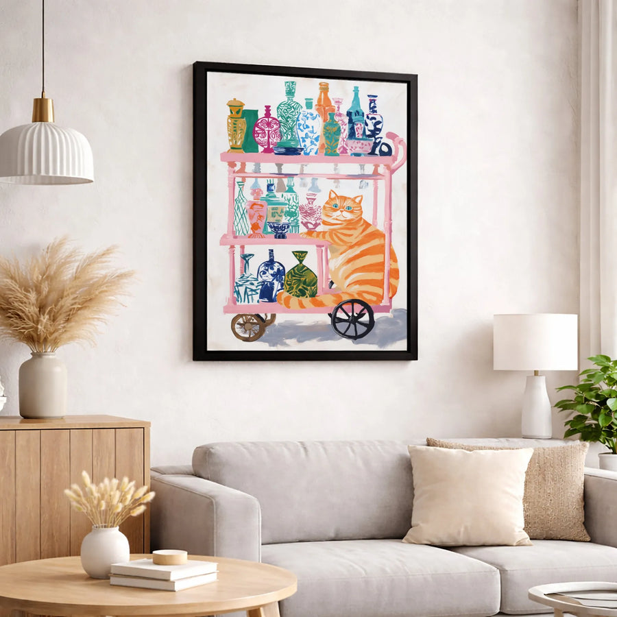 Orange Cat Wall Art | Whimsical Bar Cart Illustration | Premium Gallery Wrapped Canvas | Colorful Maximalist Decor for Cat Lovers