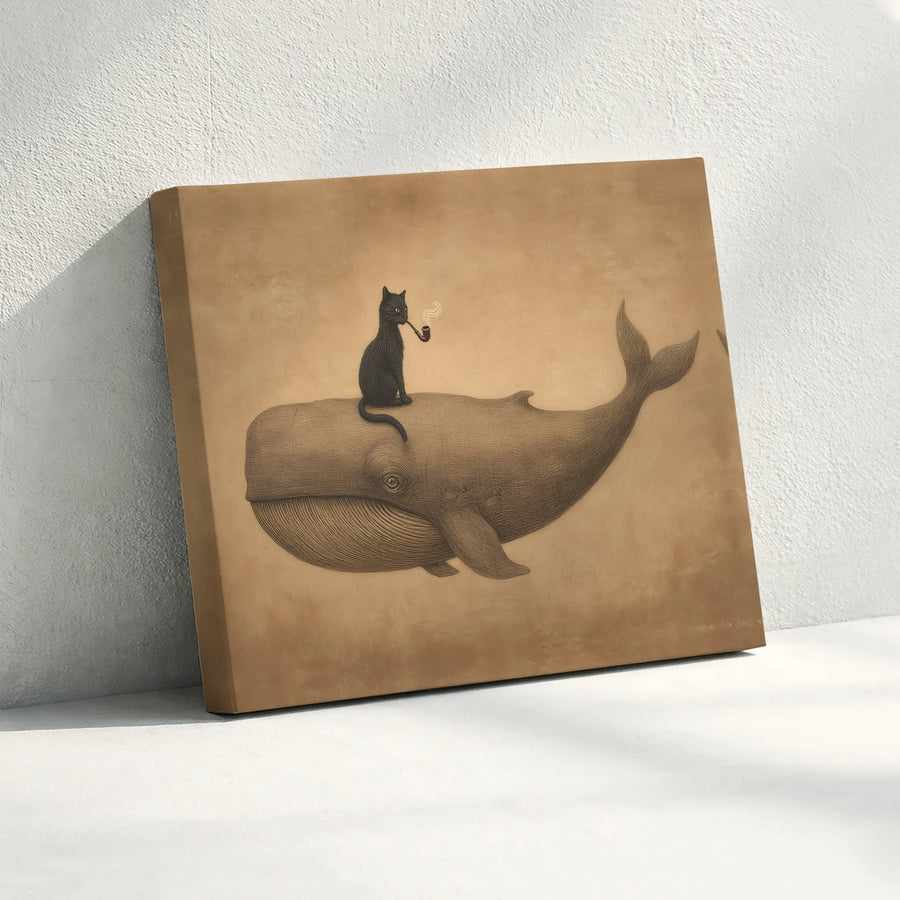 Surreal Cat Riding Whale Canvas Art | Black Cat Smoking Pipe Illustration | Premium Gallery Wrapped Canvas | Unique Gift for Animal Lover & Eclectic Home Decor
