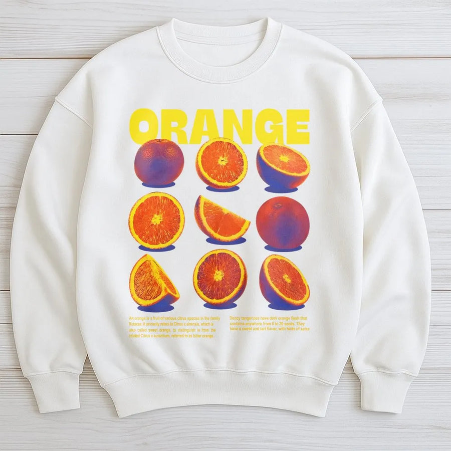 Orange Fruit Graphic Sweatshirt | Retro Botanical Citrus Print | Premium Cotton Blend Crewneck | Aesthetic Fruit Lover Gift for Men and Women