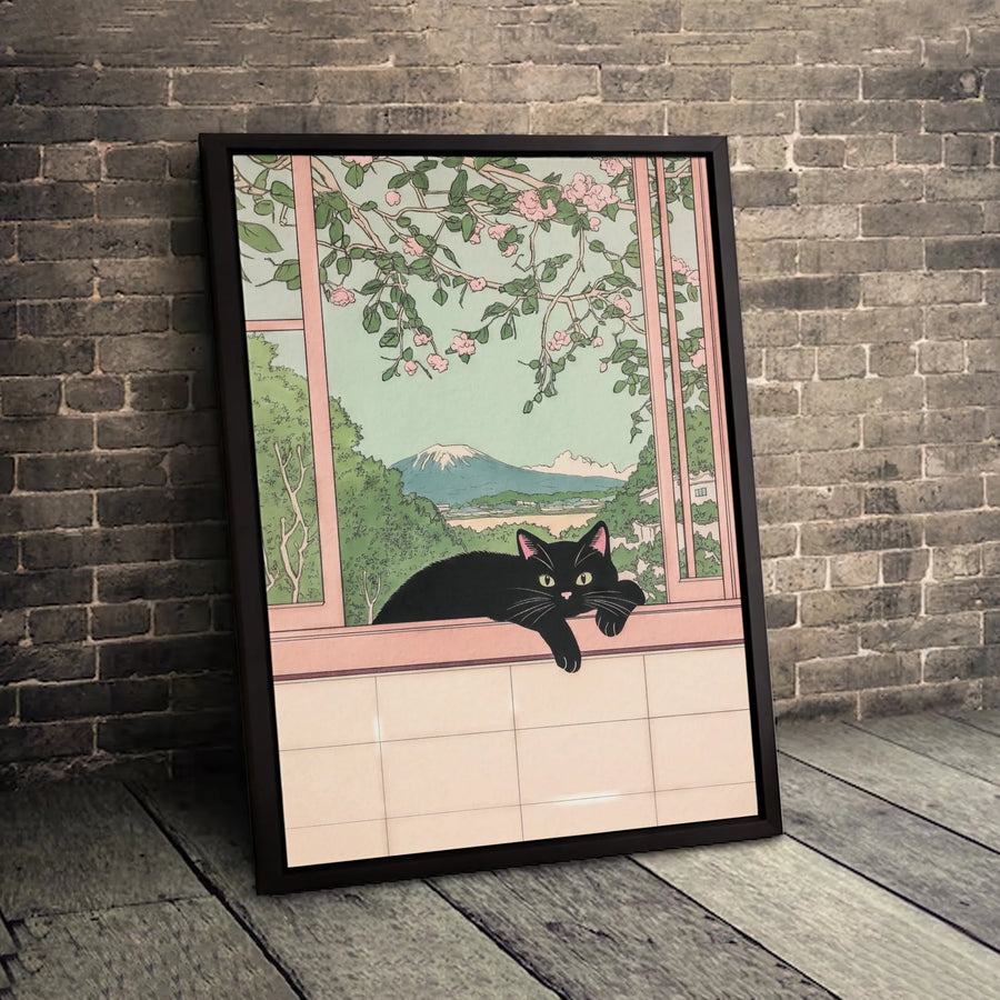 Japanese Black Cat Wall Art | Mt Fuji Cherry Blossom View | Premium Gallery Canvas | Aesthetic Home Decor Gift