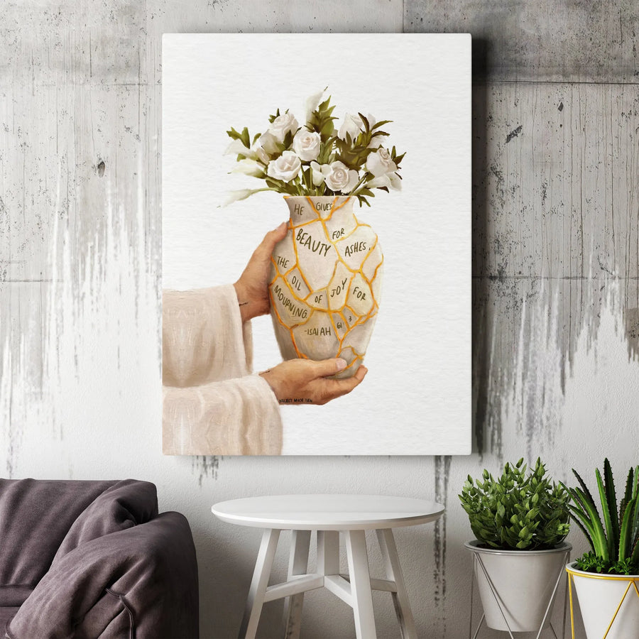 Isaiah 61 Christian Canvas Print | Beauty For Ashes Kintsugi Vase Art | Premium Gallery Wrapped Wall Decor | Inspirational Scripture Gift