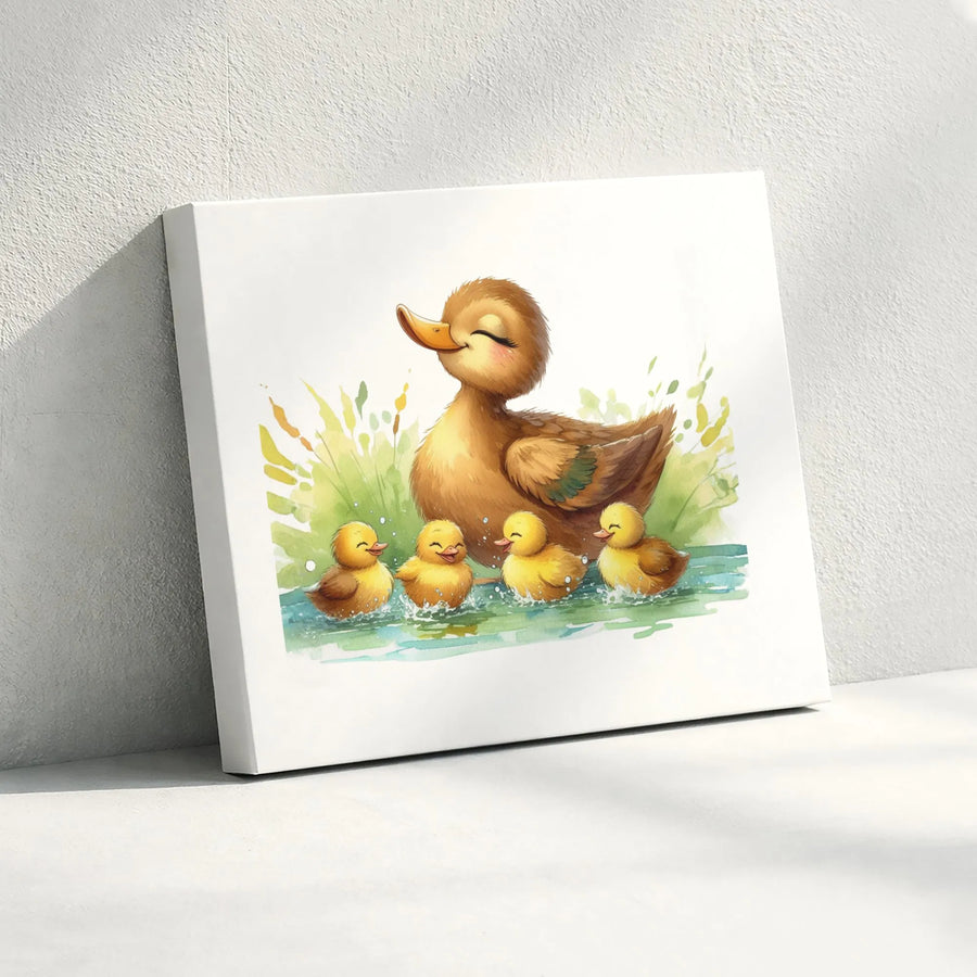 Duck Family Canvas Wall Art | Watercolor Mama Duck and Ducklings Print | Premium Gallery Quality Canvas | Nursery Decor Gift for Kids Room
