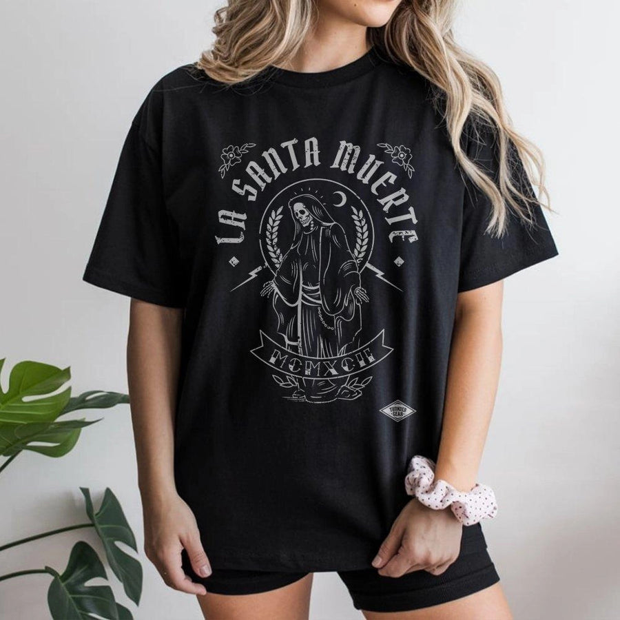 La Santa Muerte Graphic T-Shirt | Occult Skeleton Folk Saint Design | Premium 100% Cotton Apparel | Edgy Streetwear Gift For Men And Women