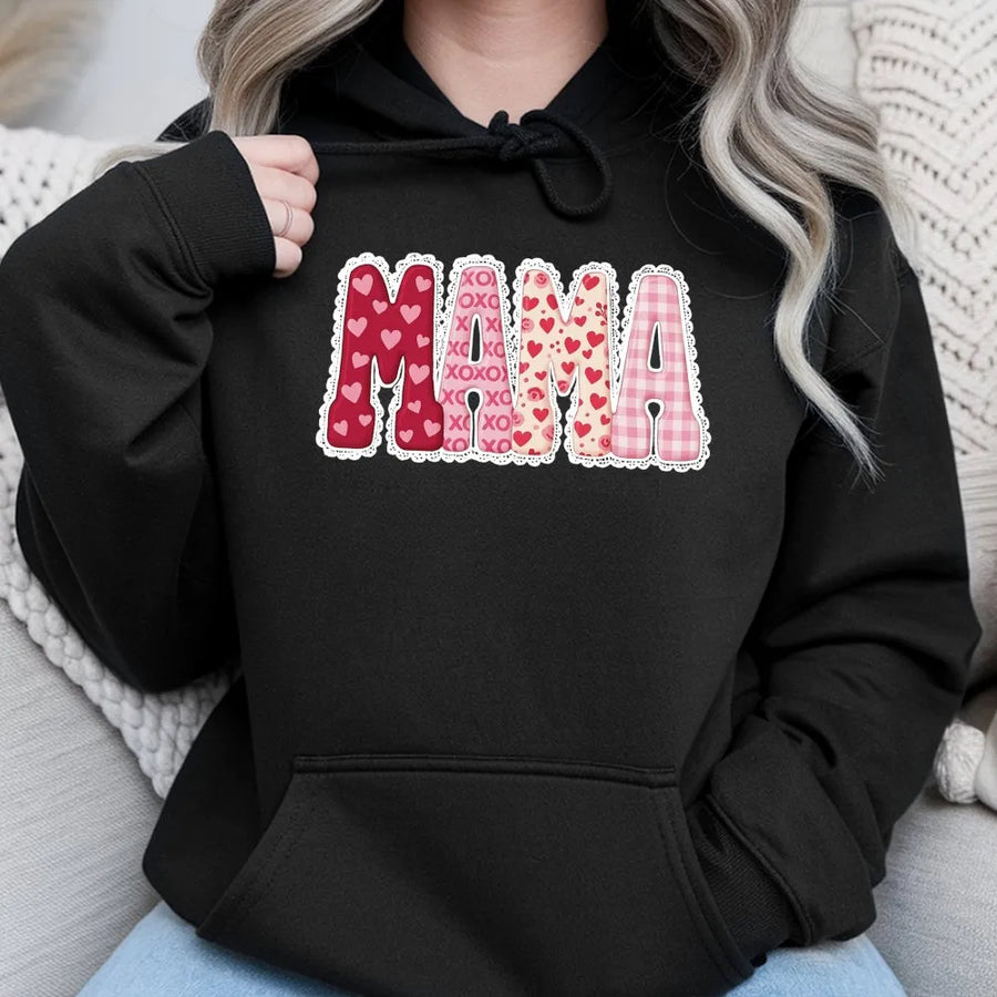 Valentines Mama Hoodie | Heart Pattern Graphic Sweatshirt | Cotton-Poly Premium Blend | Cute Valentine's Day Gift For Mom