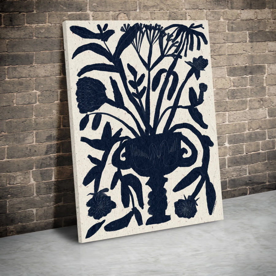 Abstract Floral Canvas Wall Art | Navy Blue Swan Vase Bouquet | Gallery Quality Gallery Wrap | Modern Botanical Home Decor Gift