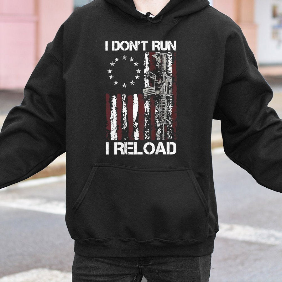 I Don't Run I Reload Hoodie | Patriotic 2nd Amendment Graphic | Cotton Blend Premium Pullover | Gift for Gun Enthusiasts and American Patriots