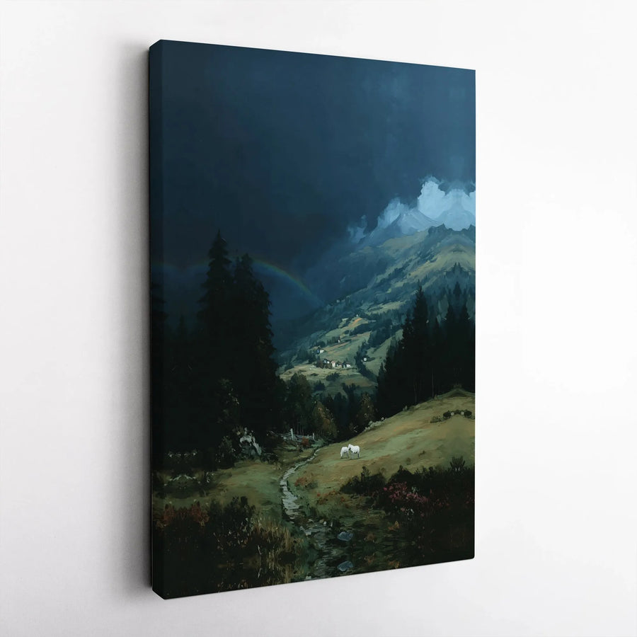 Mountain Landscape Canvas Print | Atmospheric Valley with White Horses | 1.25 Inch Gallery Wrap | Premium Nature Wall Art for Home Decor