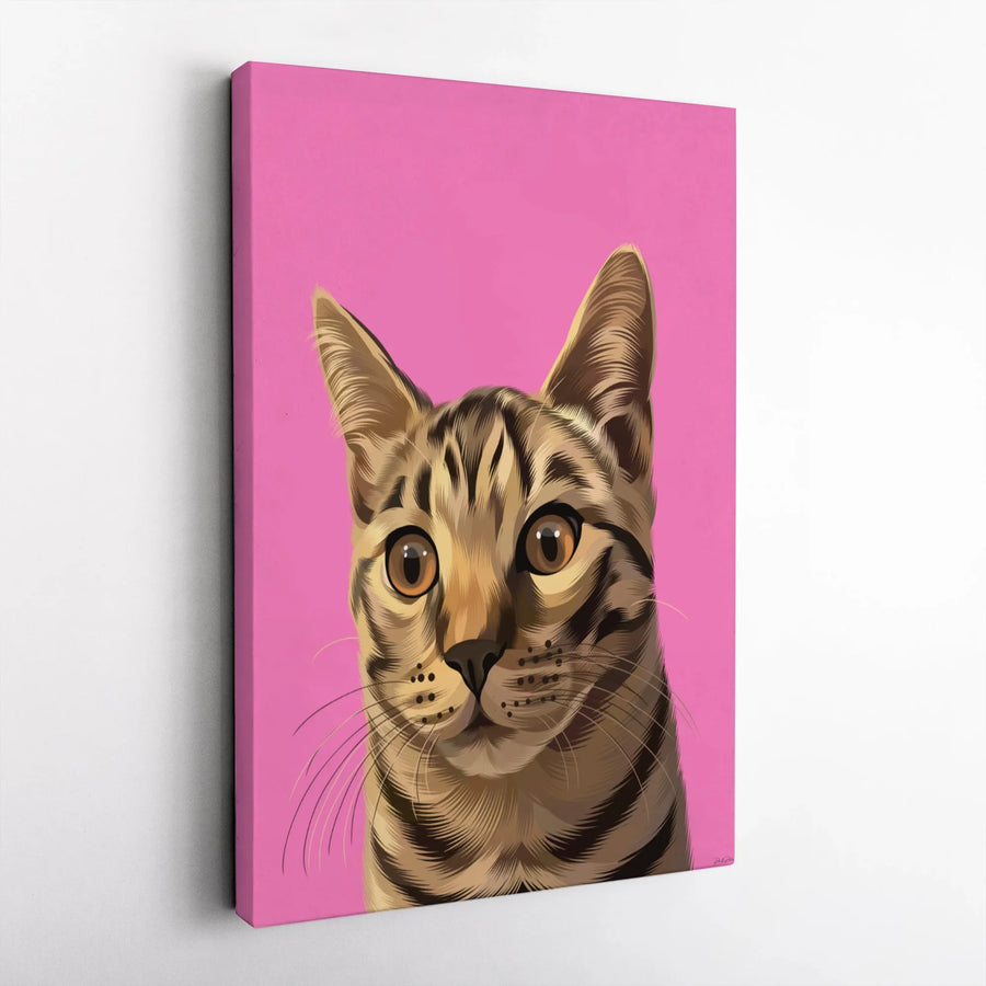 Pop Art Tabby Cat Vertical Canvas | Modern Pet Portrait on Pink | Premium 1.25" Thick Gallery Wrap | Collector's Gift for Cat Lovers