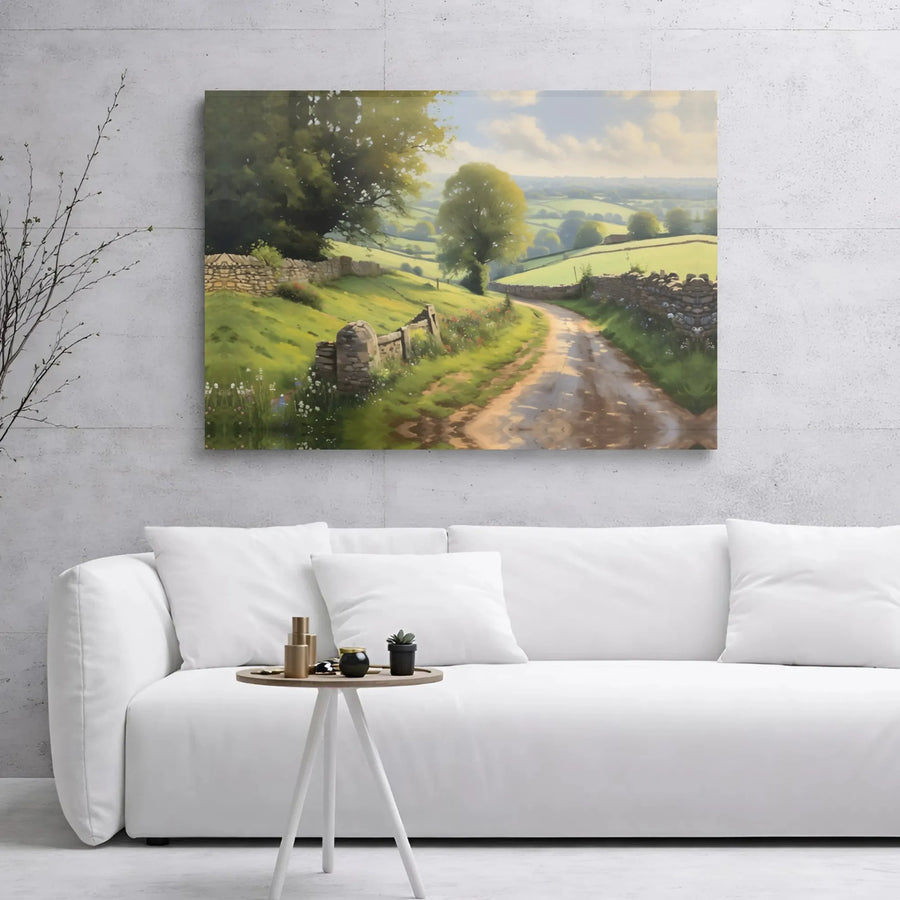 Country Landscape Canvas Print | Rolling Green Hills & Stone Wall Path | 1.25" Gallery Wrap | Nature Home Decor Wall Art