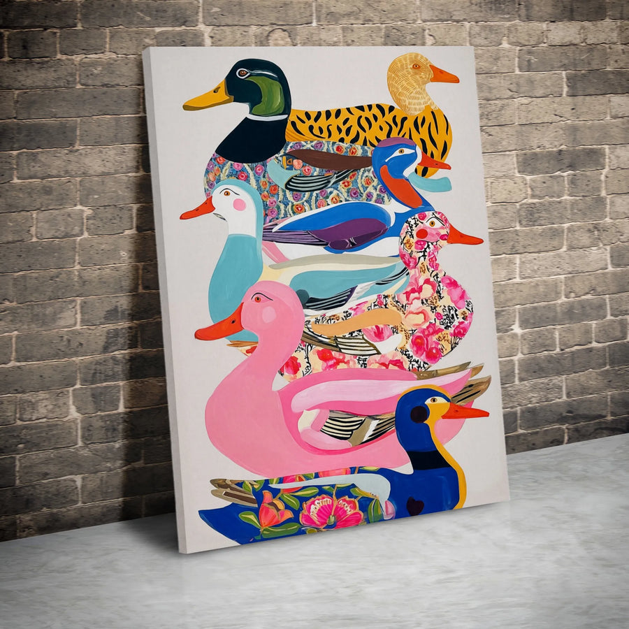 Stacked Ducks Wall Art | Whimsical Colorful Bird Illustration | Premium Gallery Wrapped Canvas | Farmhouse Nursery Decor & Gift