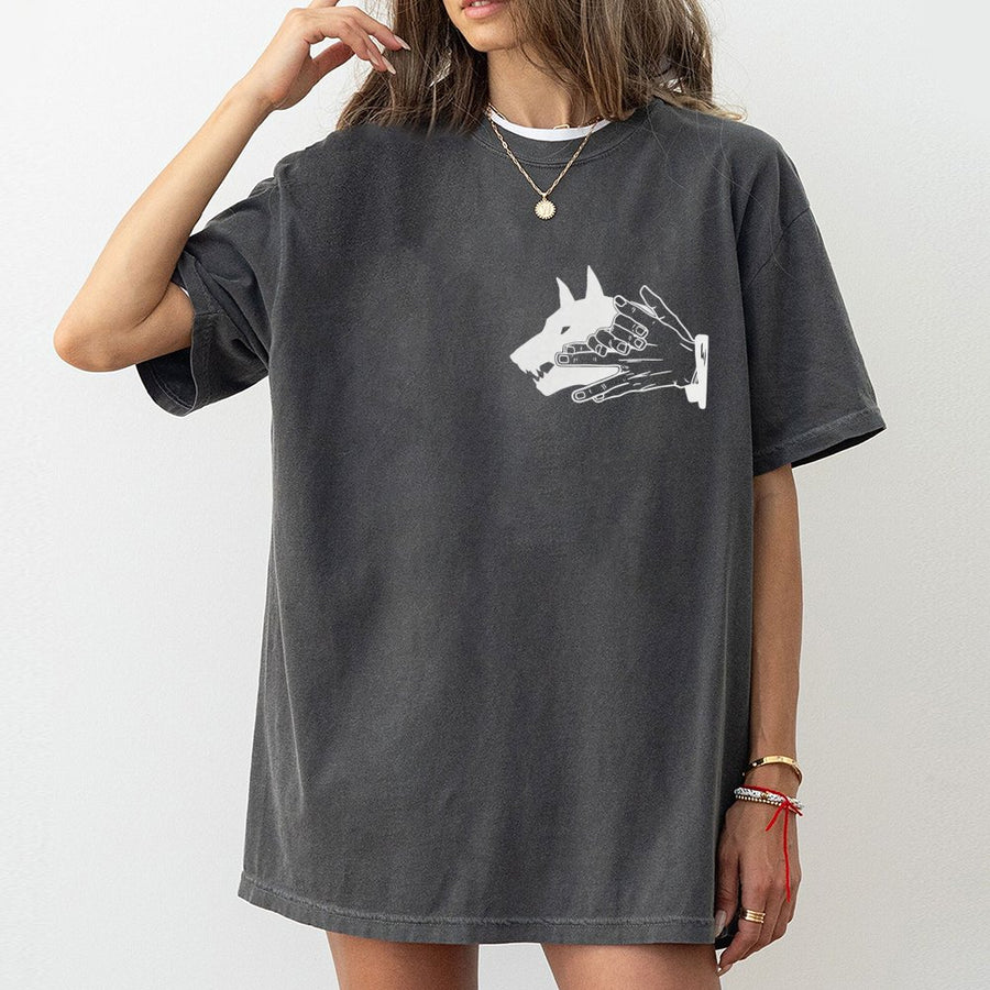 Wolf Shadow Puppet Graphic T-Shirt | Hand Gesture Animal Silhouette Design | 100% Cotton Premium Tee | Unique Wildlife Art Gift for Men and Women
