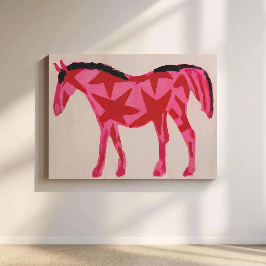 Pink Star Horse Canvas Wall Art | Modern Abstract Painting Print | Premium Thick Gallery Wrapped Canvas | Unique Equestrian Art Gift for Home Decor
