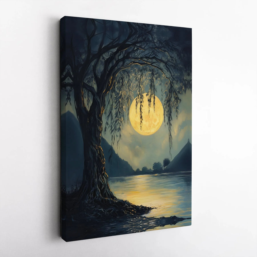 Weeping Willow Canvas Wall Art | Full Moon Landscape Print | Premium Gallery Wrap Decor | Nature Lover Gift for Home Office