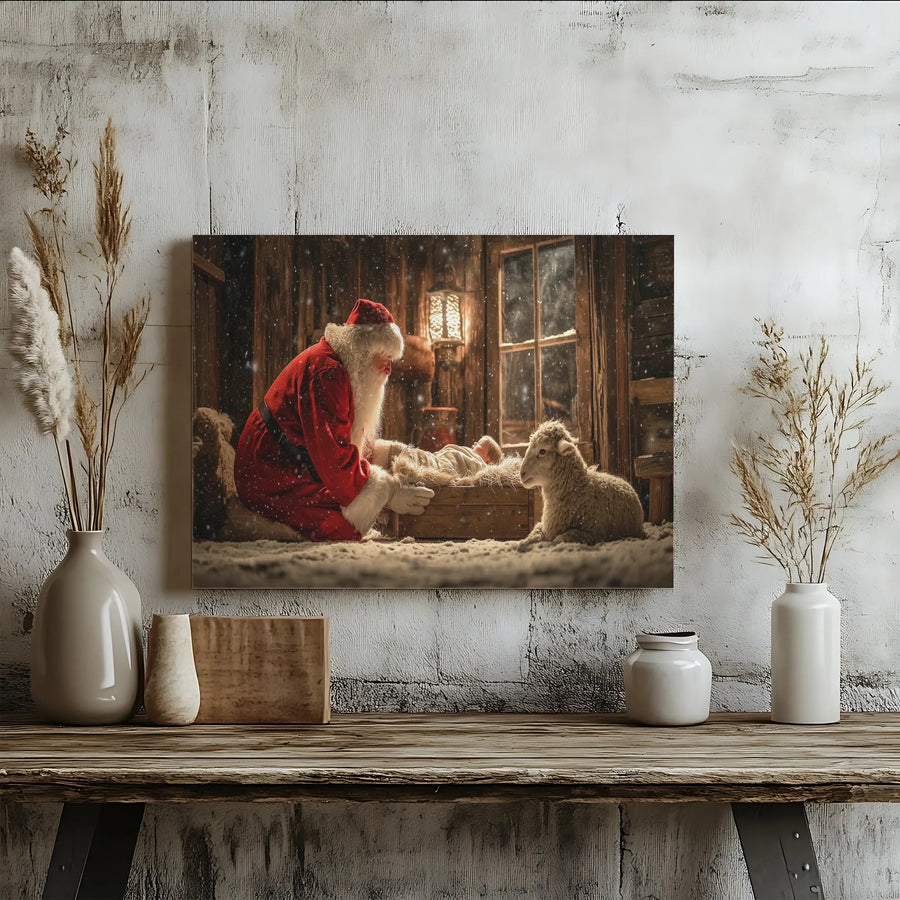 Nativity Scene Canvas Art | Santa Claus Kneeling At Manger | Premium Gallery Wrapped Wall Decor | Christian Christmas Holiday Gift for Home
