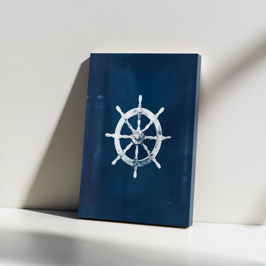 Nautical Wall Art | White Ship Helm on Navy Blue | Premium Gallery Wrap Canvas | Coastal Home Decor Gift