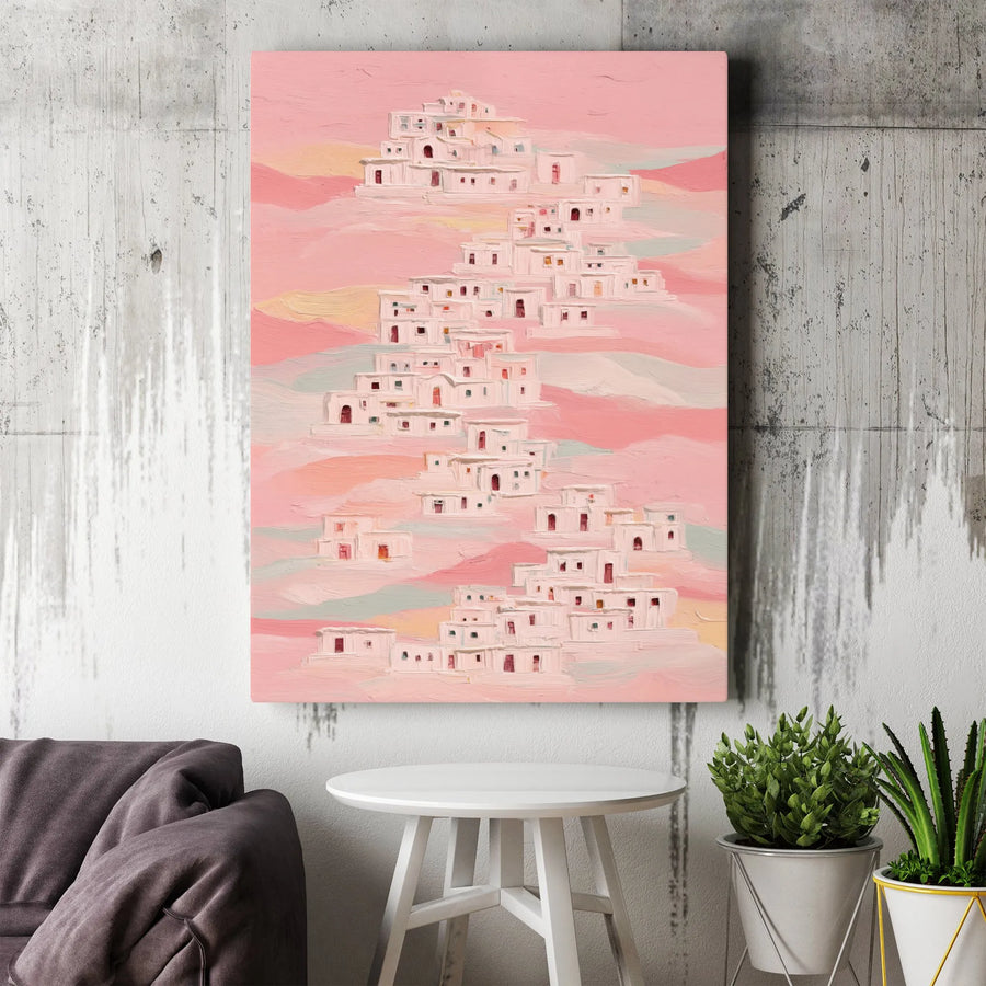 Pink Mediterranean Village Canvas Art | Abstract Coastal Hillside Print | Gallery Quality Textured Wall Decor | Modern Minimalist Home Gift