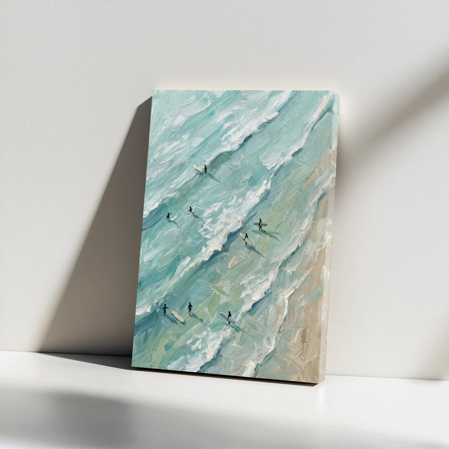 Aerial Beach Scene Vertical Canvas | Impressionist Surfer Painting Print | Premium Frameless Wall Art | Modern Coastal Home Decor Gift for Ocean Lover