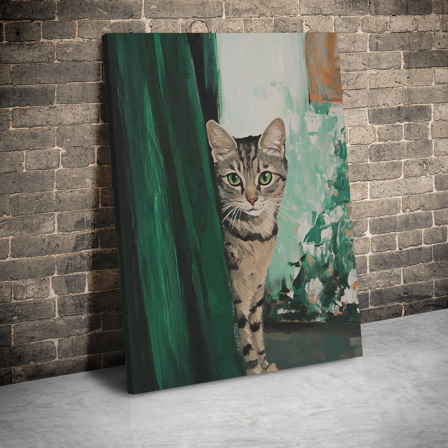 Tabby Cat Wall Art | Whimsical Peeking Kitten Painting | Premium Gallery Wrap Canvas | Animal Lover Home Decor Gift