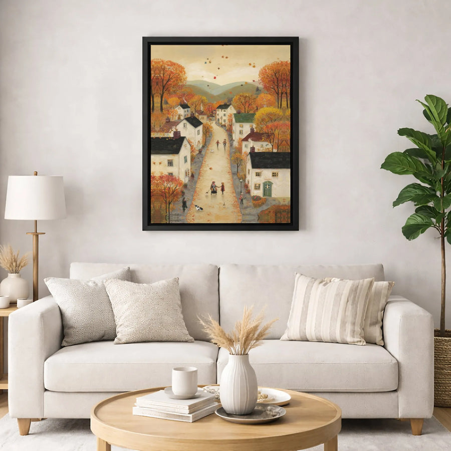 Autumn Village Canvas Wall Art | Whimsical Fall Landscape Painting | Premium Gallery-Wrapped Print | Cozy Home Decor Gift