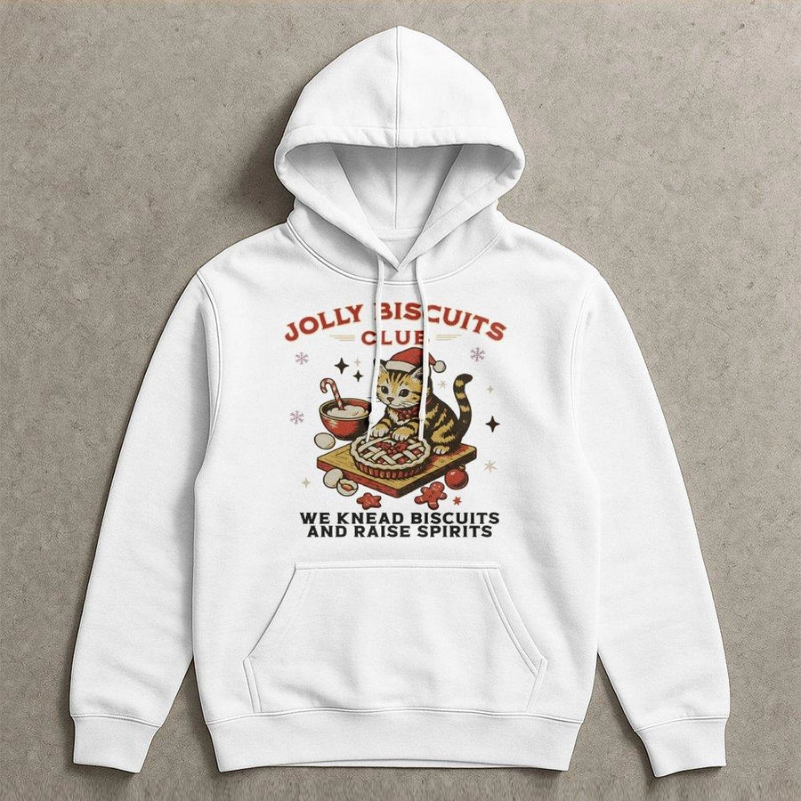 Christmas Cat Baking Hoodie | Jolly Biscuits Club Graphic Print | Premium Cotton Blend | Funny Holiday Sweatshirt Gift for Cat Lovers