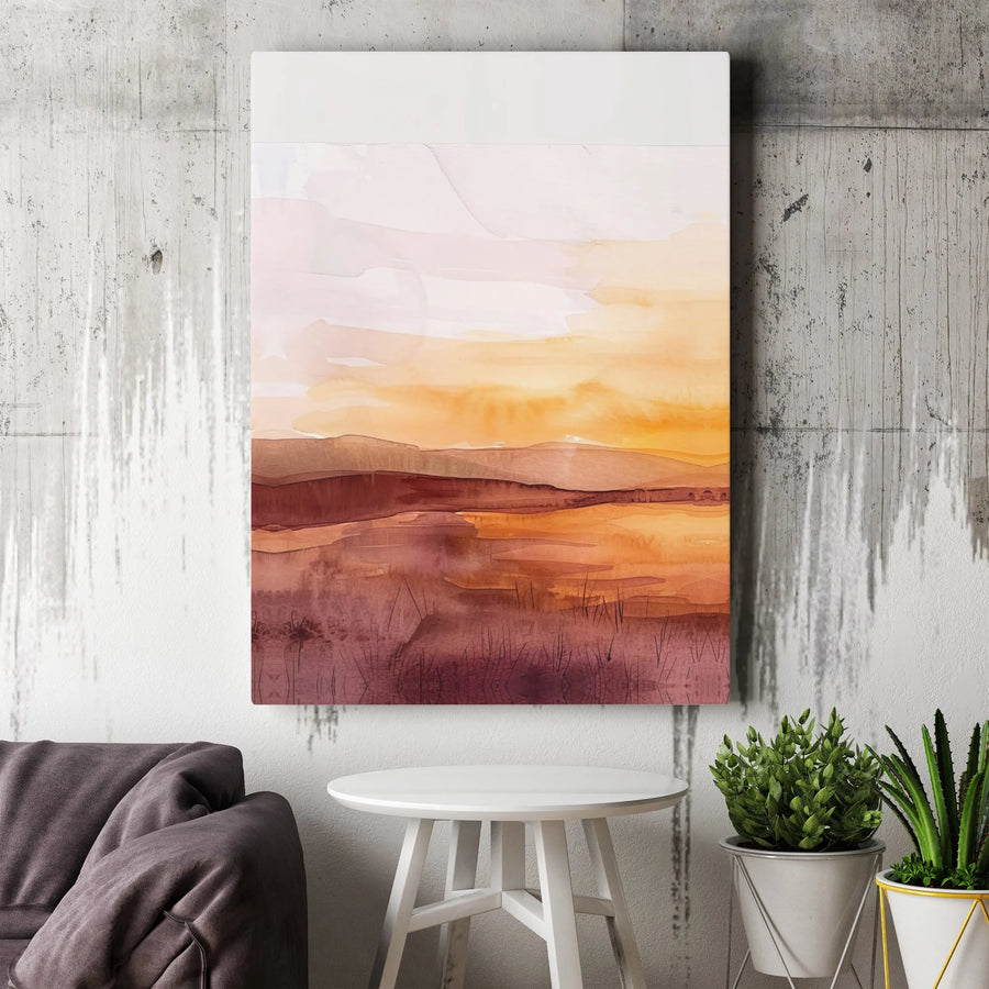 Abstract Watercolor Landscape Canvas | Golden Hour Rolling Hills Wall Art | Premium Gallery Wrap Decor | Modern Minimalist Home Office Gift