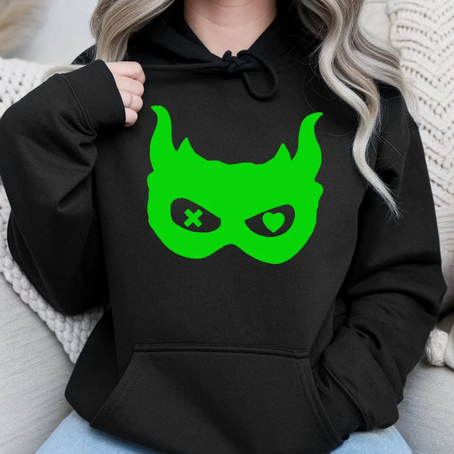 Devil Mask Graphic Hoodie | Heart and X Eyes Neon Print | Soft Cotton Hoodie | Unique Unisex Streetwear Gift