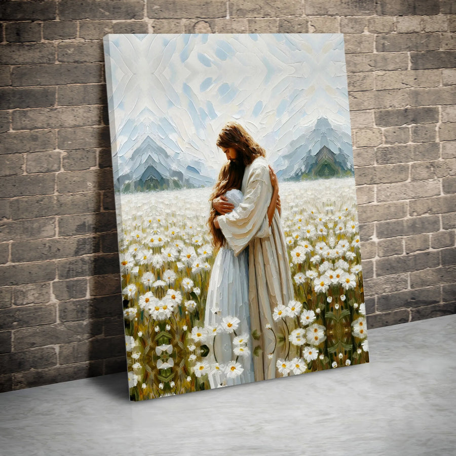 Jesus Embracing Woman Canvas Wall Art | Emotional Faith Inspired Floral Print | Premium Gallery Wrapped Decor | Christian Home Gift For Believers