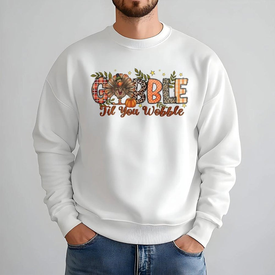 Gobble Til You Wobble Thanksgiving Sweatshirt | Cute Turkey Print Holiday Sweater | Premium Cotton Blend | Funny Turkey Day Gift for Family