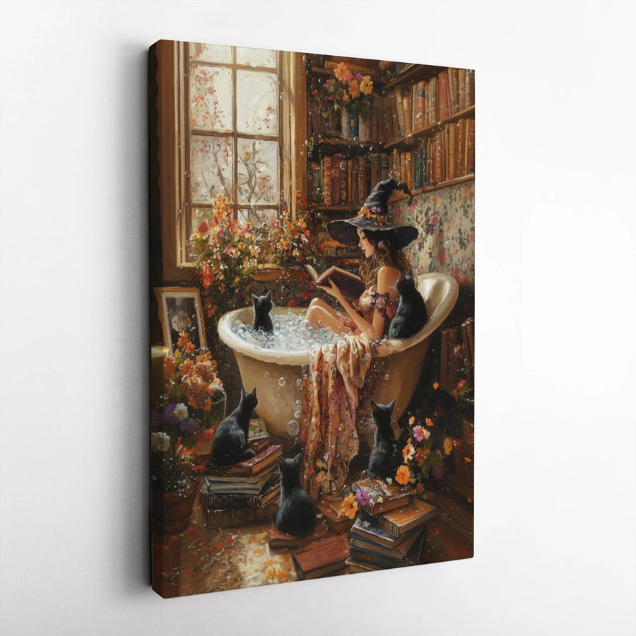 Witch Reading Book Canvas Art | Whimsical Bathtub & Black Cats Decor | Gallery-Wrapped Premium Print | Spooky Gothic Home Gift for Book Lovers