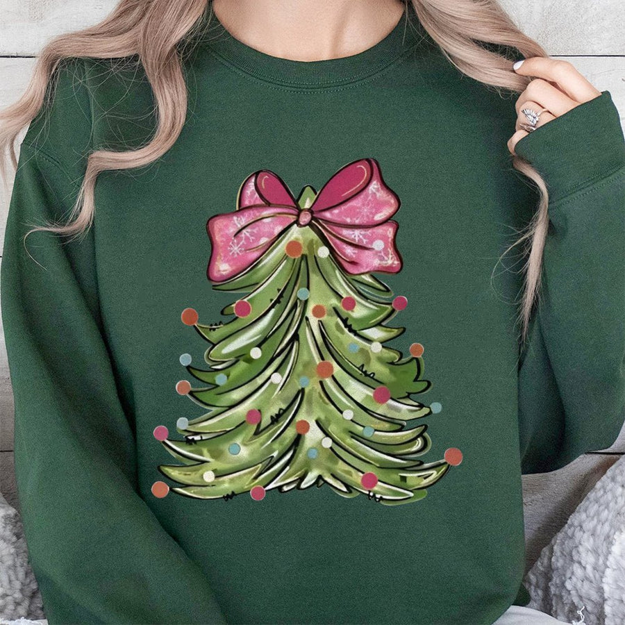 Christmas Tree Sweatshirt | Pink Bow Holiday Graphic | Soft Cotton Blend Unisex Pullover | Festive Winter Apparel Gift for Her