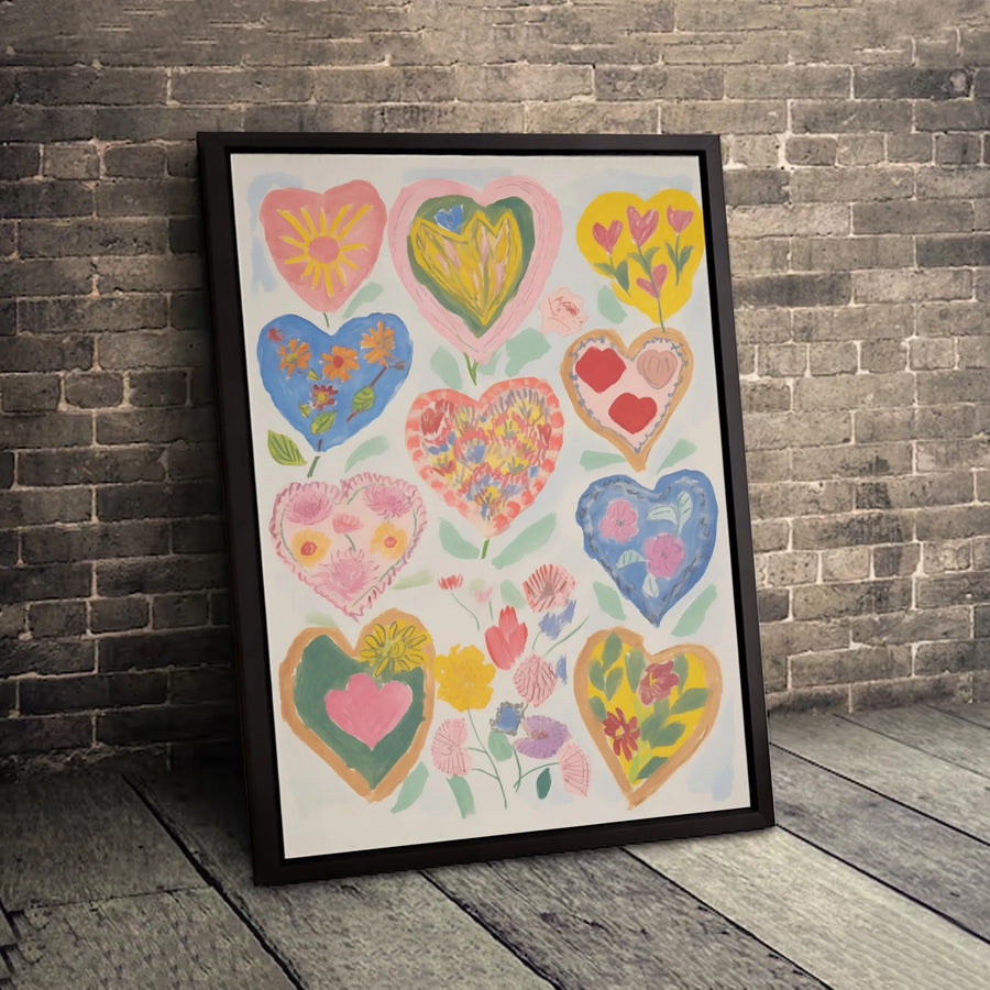 Floral Hearts Canvas Wall Art | Whimsical Botanical Heart Painting | Premium Gallery-Wrapped Print | Colorful Home Decor Gift for Her