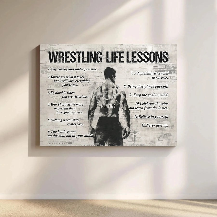 Wrestling Life Lessons Horizontal Canvas | Inspirational Wrestler Wall Art with 12 Rules | Premium 1.25” Thick Gallery Style Print | Motivational Sport Gift for Athlete, Boys Room Decor