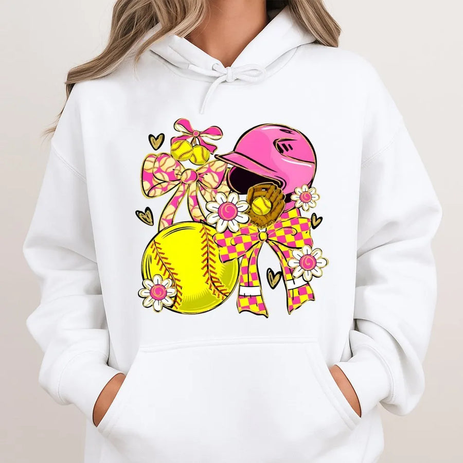 Softball Coquette Hoodie | Floral Bow Graphic Sport Aesthetic | Premium Cotton Blend | Gift for Softball Mom and Player