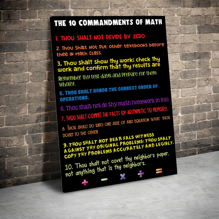 10 Commandments of Math Vertical Canvas | Funny Classroom Rules Wall Art | Premium Frameless Print | Gift for Teacher, Mathematician, Student