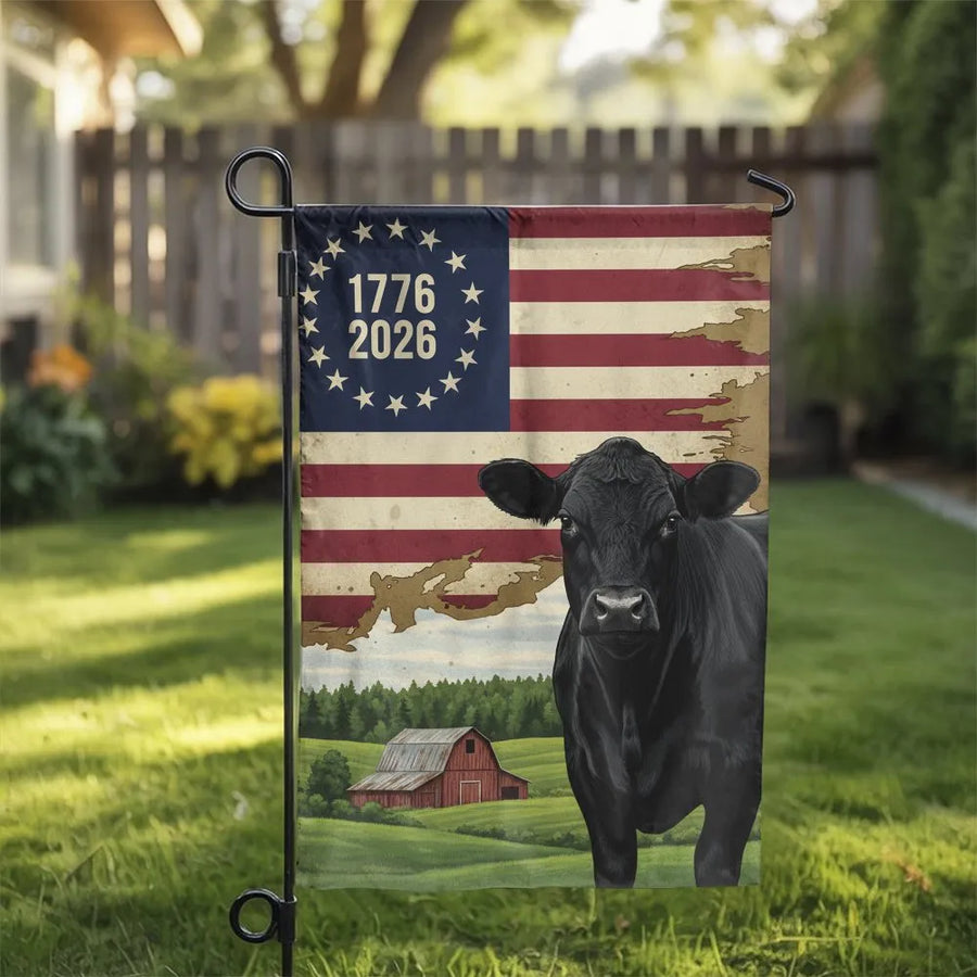 Patriotic Black Angus Cow Garden Flag | 1776-2026 Vintage Farm Scene | Double Sided Premium Polyester | Gift for Farmer & Rancher