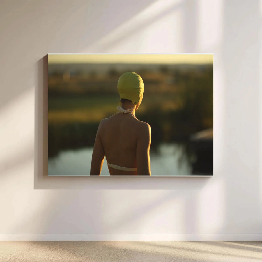 Vintage Swimmer Canvas Art | Woman in Yellow Swim Cap Print | Premium Gallery Wrapped Canvas | Serene Bathroom Wall Decor Gift