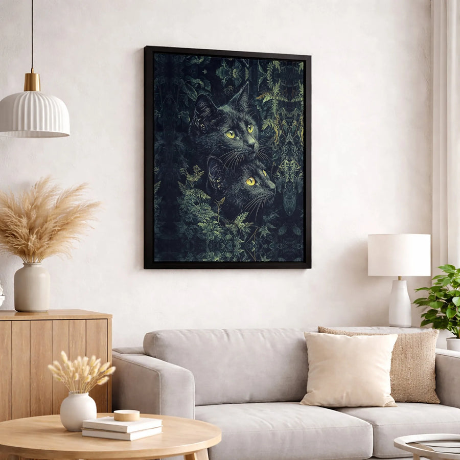 Black Cat Wall Art | Dark Forest Botanical Illustration | 1.25” Thick Premium Gallery Canvas | Nature Home Decor Gift for Cat Lovers