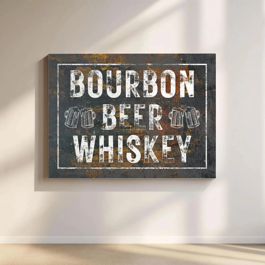 Bourbon Beer Whiskey Canvas Wall Art | Rustic Industrial Bar Sign | Premium Gallery Wrap Decor | Gift for Man Cave or Home Pub