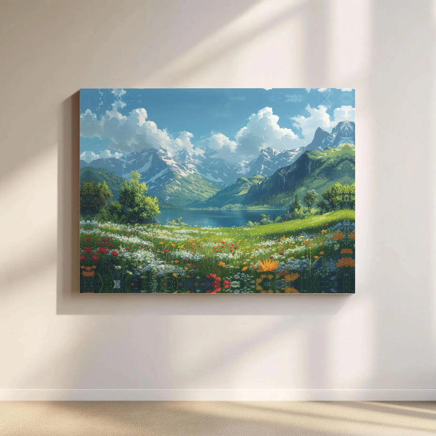 Mountain Lake Canvas Wall Art | Anime Style Wildflower Meadow Landscape | 1.25" Gallery Wrap Premium Print | Nature Gift for Home Office Decor
