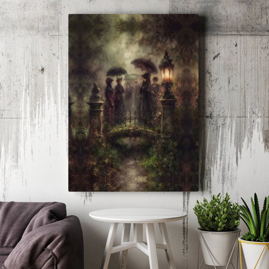 Victorian Bridge Canvas Wall Art | Moody Misty Garden Landscape | Gallery Wrap Premium Print | Dark Academia Home Decor Gift