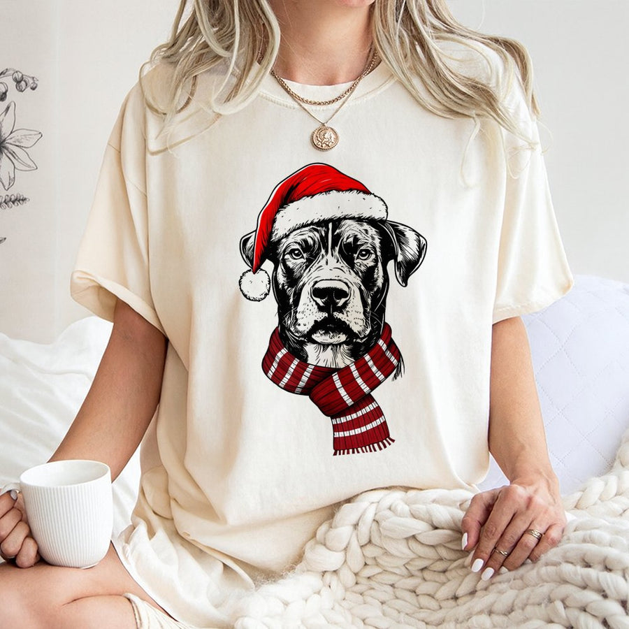 Christmas Dog T-Shirt | Festive Santa Hat and Scarf Graphic | 100% Cotton Premium Tee | Holiday Gift for Dog Lovers Men and Women