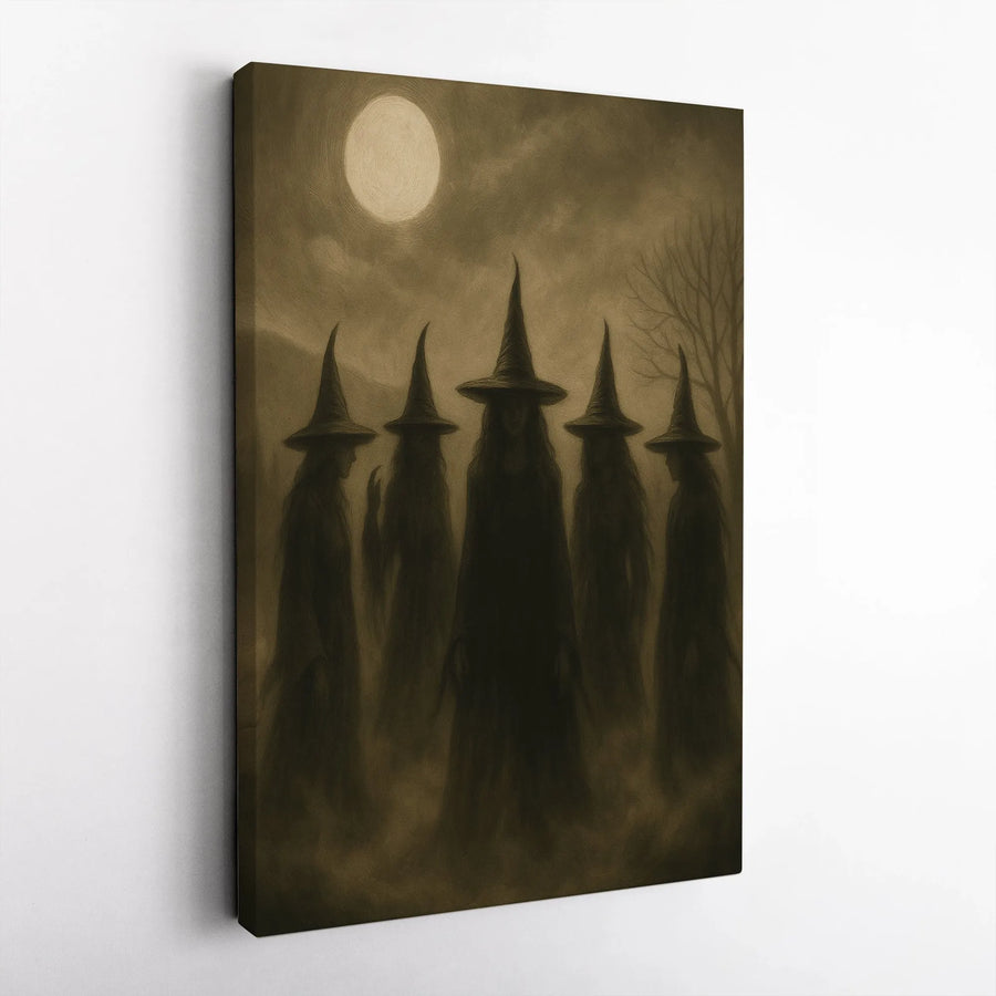 Gothic Coven Canvas Wall Art | Dark Academia Witch Silhouette Under Full Moon | Premium Gallery Wrapped Decor | Spooky Witchy Home Gift