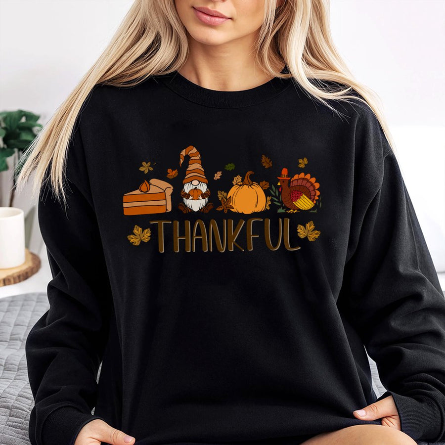 Thankful Fall Sweatshirt | Cute Gnome Pumpkin Turkey Graphic | Soft Cotton Blend Crewneck | Thanksgiving Outfit Gift For Women And Men