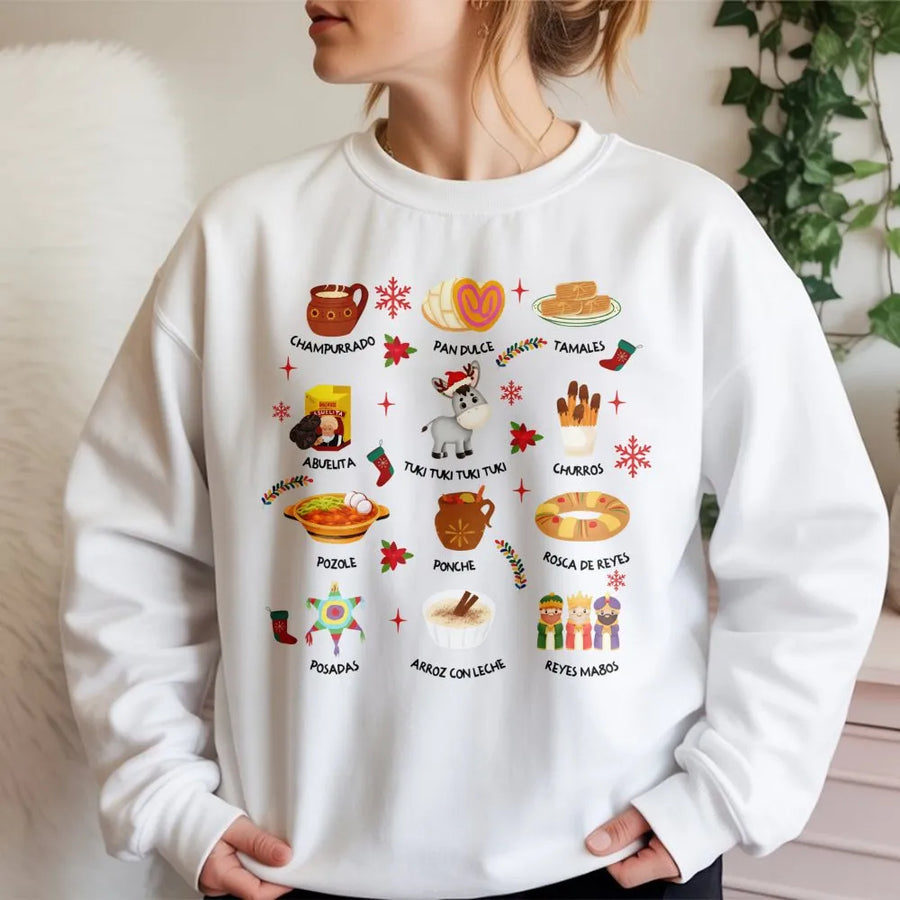 Mexican Christmas Sweatshirt | Traditional Holiday Food Graphics | Premium Cotton Blend Crewneck | Latina Festive Gift for Holiday Lovers