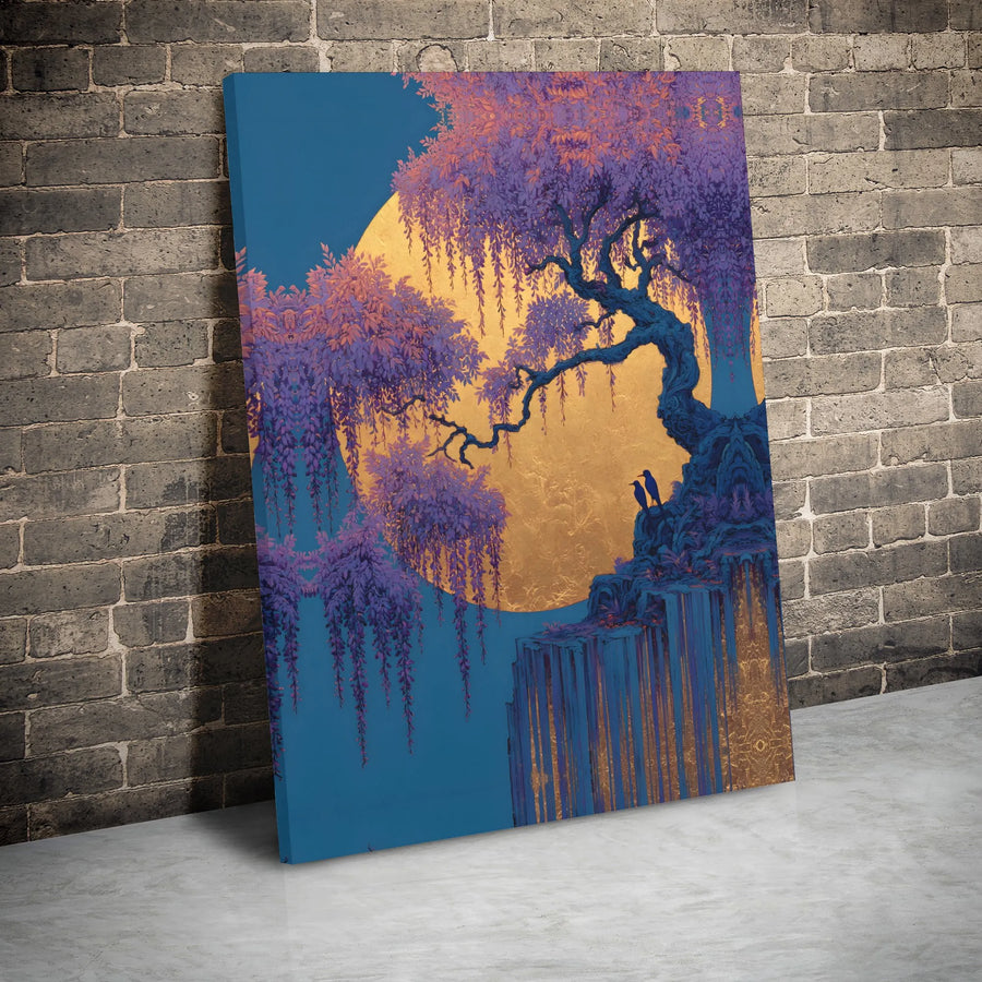 Purple Wisteria Canvas Wall Art | Golden Moon Landscape Print | Gallery Wrapped Premium Canvas | Serene Nature Home Decor Gift
