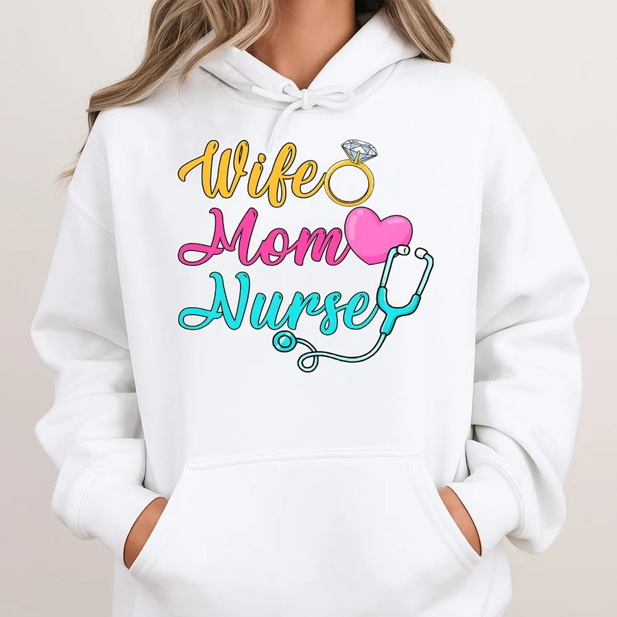 Wife Mom Nurse Hoodie | Cute Stethoscope & Heart Graphic | Soft Cotton Blend | Premium Mother's Day Gift for RN