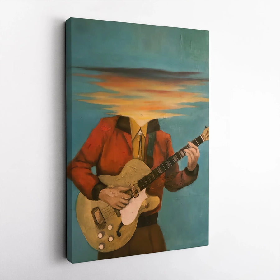 Surrealist Guitarist Canvas Print | Sunset Sky Headless Musician Art | Premium Fade-Resistant Wall Decor | Unique Gift for Guitar Players