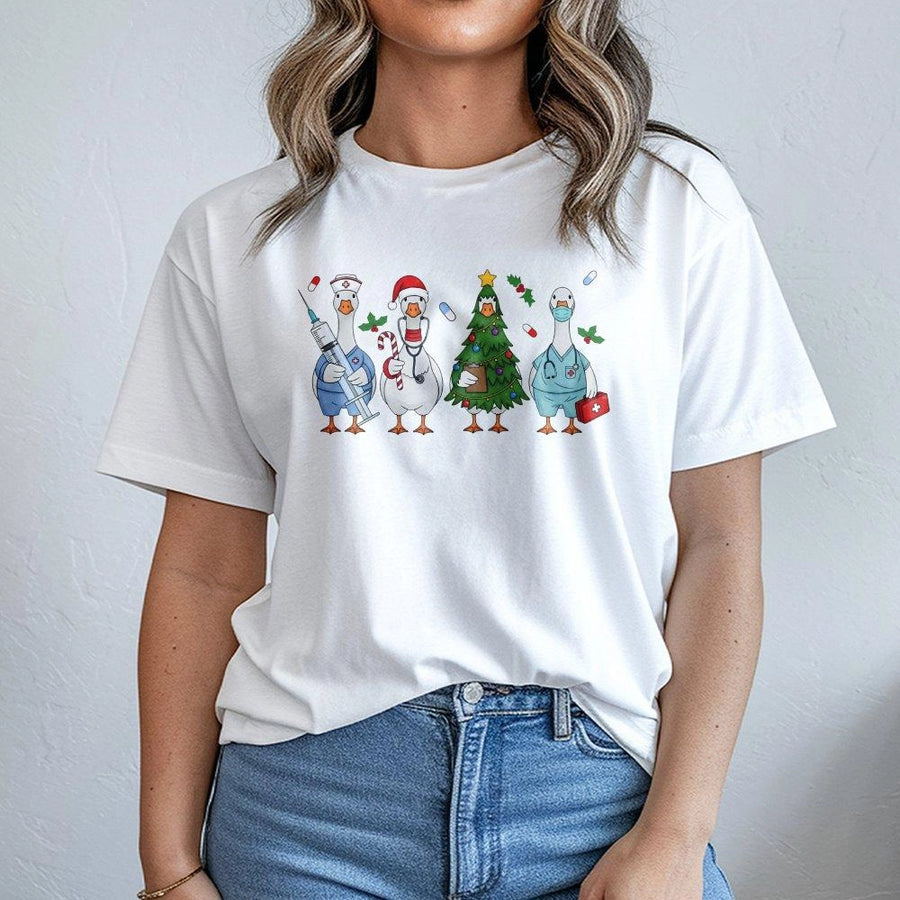 Christmas Nurse Goose T-Shirt | Funny Medical Holiday Graphic | 100% Cotton Premium Tee | RN Nursing Student Gift