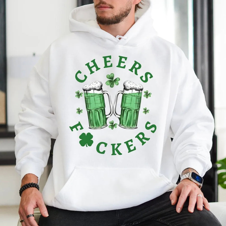 Cheers Fckers Hoodie | Funny St Patrick Day Beer Design | Premium Soft Cotton Blend | Drinking Gift For Men And Women