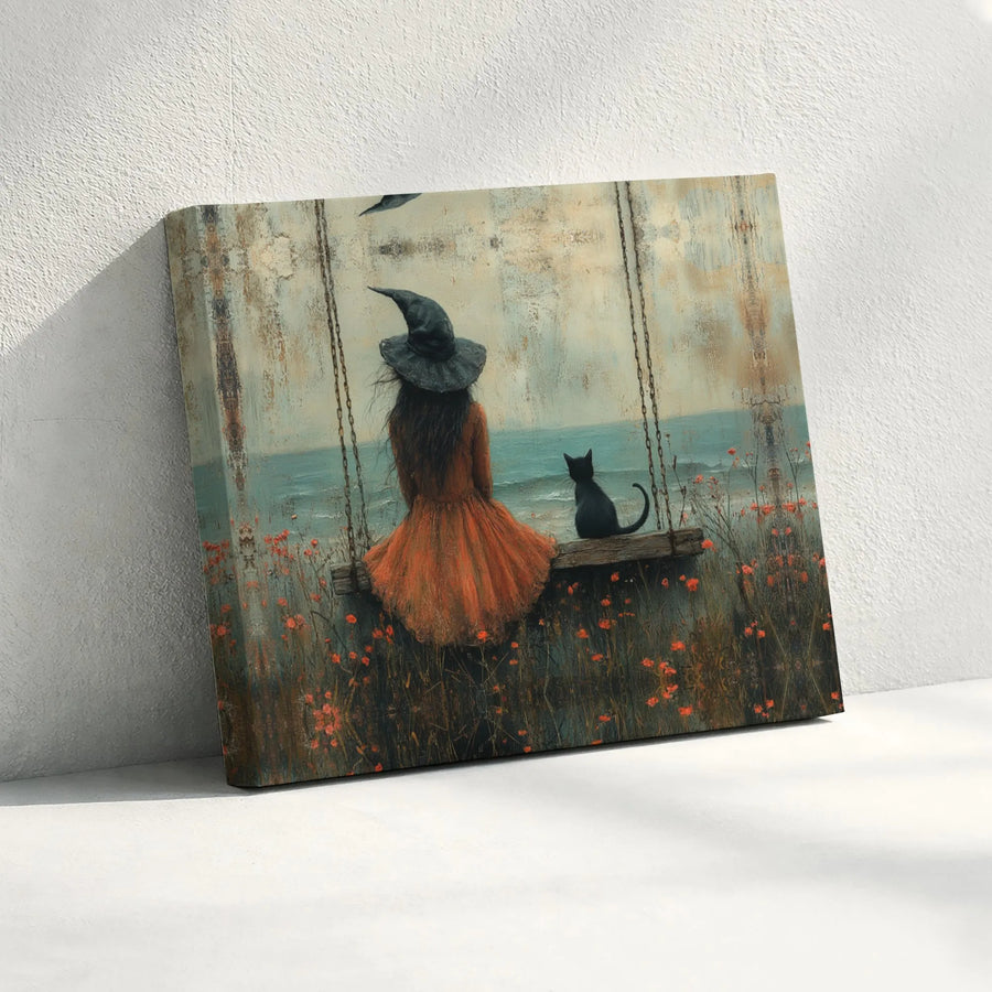 Witch and Black Cat Canvas Art | Whimsical Ocean Swing Gothic Decor | 1.25 Inch Premium Gallery Wrap | Spooky Halloween Home Wall Gift